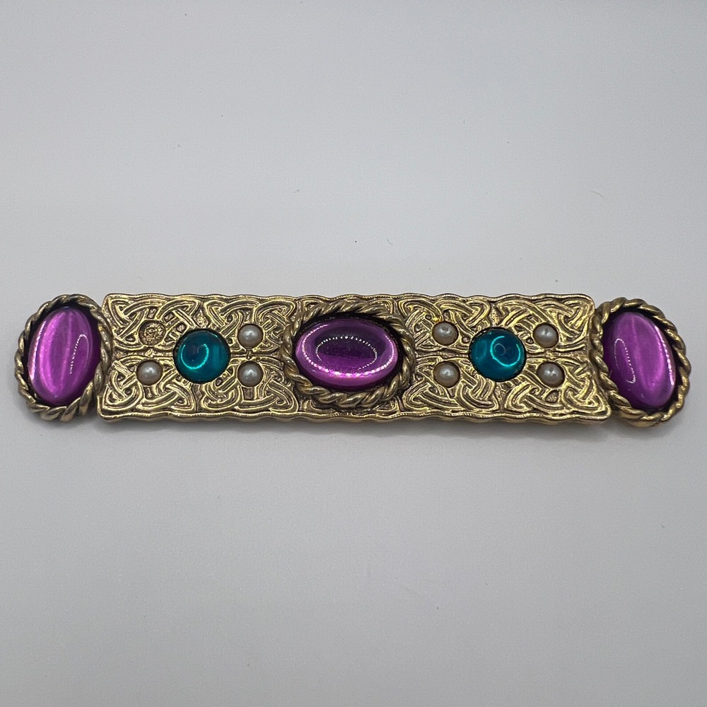 Vintage Celtic Knot Bar Brooch Gold Tone Purple Teal Cabochon Faux Pearl 3.5"
